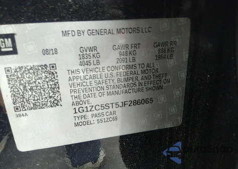 2018 Chevrolet Malibu 1Fl z USA, uszkodzony, nr VIN 1G1ZC5ST5JF286065